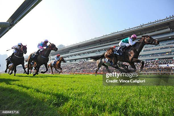 Maxime Guyon riding Flintshire of France wins Race 4, The LONGINES Hong Kong Vase during International Race day at Sha Tin racecourse on December 14,...