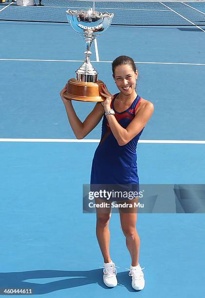 Ana Ivanovic of Serbia holds the trophy after winning the singles final against Venus Williams of USA during day six of the ASB Classic at ASB Tennis...