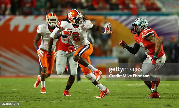 Sammy Watkins of the Clemson Tigers runs with the ball in the first half against the Ohio State Buckeyes during the Discover Orange Bowl at Sun Life...