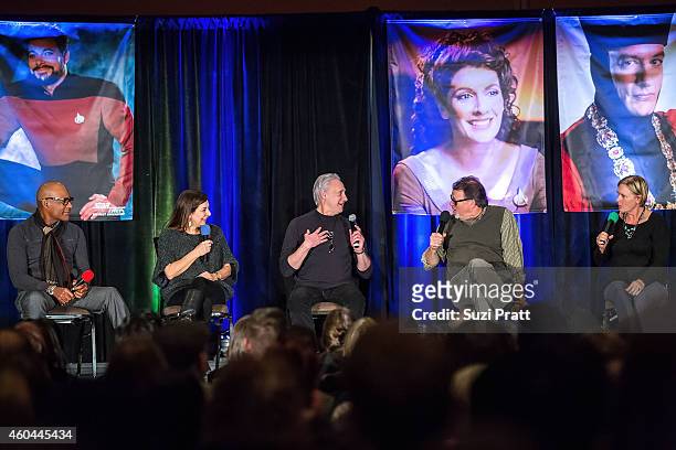 Michael Dorn, Marina Sirtis, Brent Spiner, Jonathan Frakes and Denise Crosby speak on stage at the Star Trek Convention at MEYDENBAUER CENTER on...