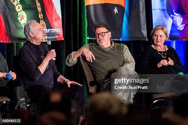 Brent Spiner, Jonathan Frakes and Denise Crosby speak on stage at the Star Trek Convention at MEYDENBAUER CENTER on December 13, 2014 in Bellevue,...