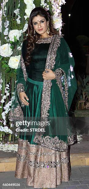 Indian Bollywood actress Raveena Tandon attends the marriage Sangeet ceremony of Bollywood film director Punit Malhotra and Riddhi Malhotra, the...