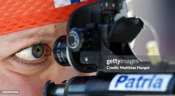 Kaisa Makarainen of Finland at the zeoring for the women's 10 km pursuit event during the IBU Biathlon World Cup on December 14, 2014 in Hochfilzen,...