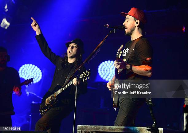 Daron Malakian and Mike Shinoda of Linkin Park performs at the 25th Annual KROQ Almost Acoustic Christmas at The Forum on December 13, 2014 in...