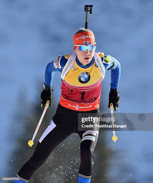 Kaisa Makarainen of Finland competes in the women's 10 km pursuit event during the IBU Biathlon World Cup on December 14, 2014 in Hochfilzen, Austria.