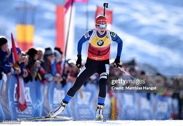 Kaisa Makarainen of Finland competes in the women's 10 km pursuit event during the IBU Biathlon World Cup on December 14, 2014 in Hochfilzen, Austria.