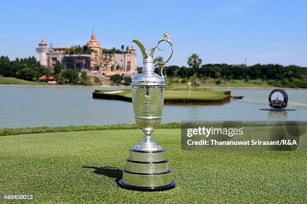 The Claret Jug sits at the hold 17th during round four of the Thailand Golf Championship at Amata Spring Country Club on December 14, 2014 in Chon...