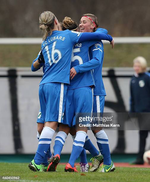 Erika Szuh of Luebars jubilates with team mates after scoring the first goal during the Women's Second Bundesliga match between 1.FC Luebars and FFV...
