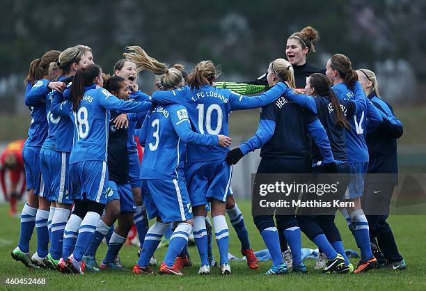 The team of Luebars show their delight after winning the Women's Second Bundesliga match between 1.FC Luebars and FFV Leipzig at Stadion...