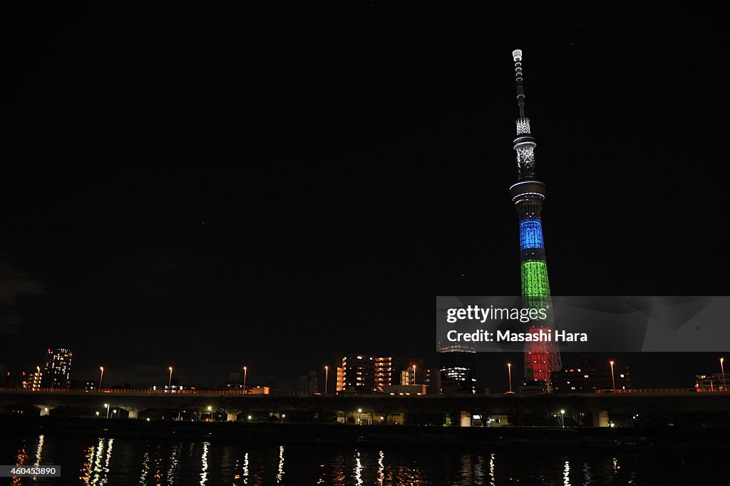 Tokyo Skytree Illuminated In Three Primary Colours