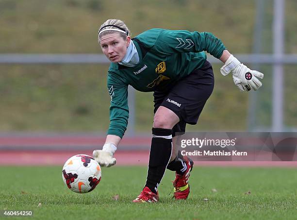 Goalkeeper Griseldis Meissner of Leipzig throws the ball during the Women's Second Bundesliga match between 1.FC Luebars and FFV Leipzig at Stadion...