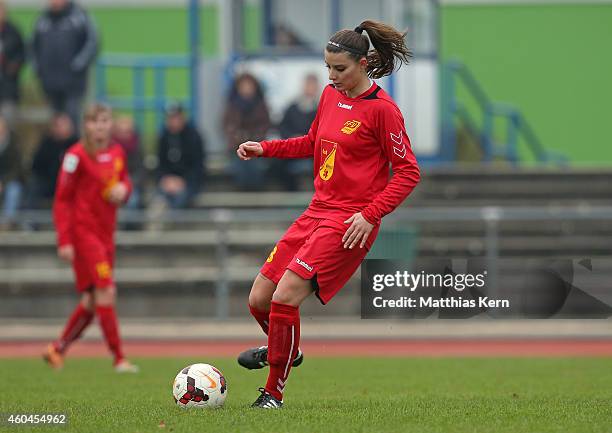 Lisa Pfretzschner of Leipzig runs with the ball during the Women's Second Bundesliga match between 1.FC Luebars and FFV Leipzig at Stadion...
