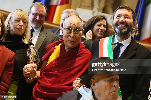 Jody Williams, His Holiness the Dalai Lama and mayor of Rome Ignazio Marino attend the closing press conference of the 14th World Summit of Nobel...