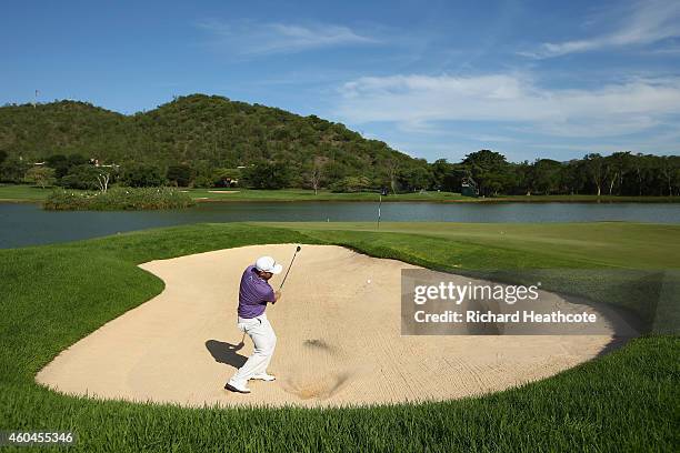 Branden Grace of South Africa plays out of a greenside bunker on the 16th during the final round of the Alfred Dunhill Championship at Leopard Creek...