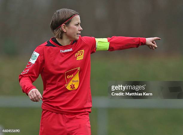 Anne Heller of Leipzig gestures during the Women's Second Bundesliga match between 1.FC Luebars and FFV Leipzig at Stadion Finsterwalder Strasse on...
