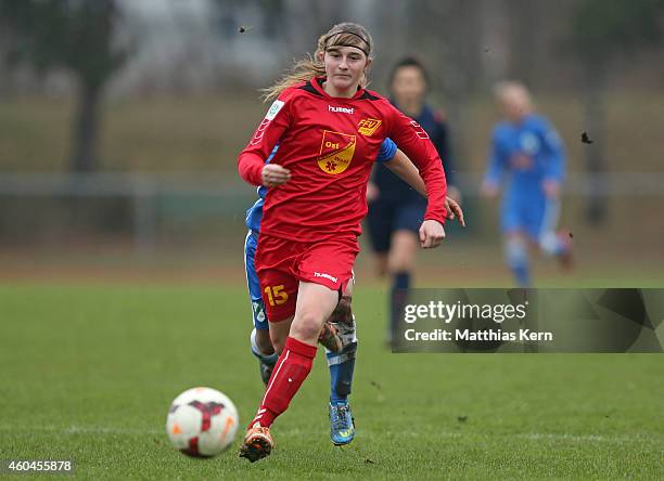 Laura Birne of Leipzig runs with the ball during the Women's Second Bundesliga match between 1.FC Luebars and FFV Leipzig at Stadion Finsterwalder...