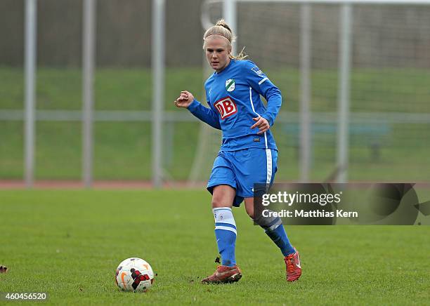 Celine Dey of Luebars runs with the ball during the Women's Second Bundesliga match between 1.FC Luebars and FFV Leipzig at Stadion Finsterwalder...