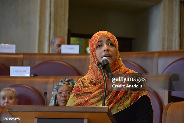 Yemeni human rights activist and 2011 Nobel Peace Prize co-recipient Tawakkol Karman gives a speech during the 14th World Summit of Nobel Peace...
