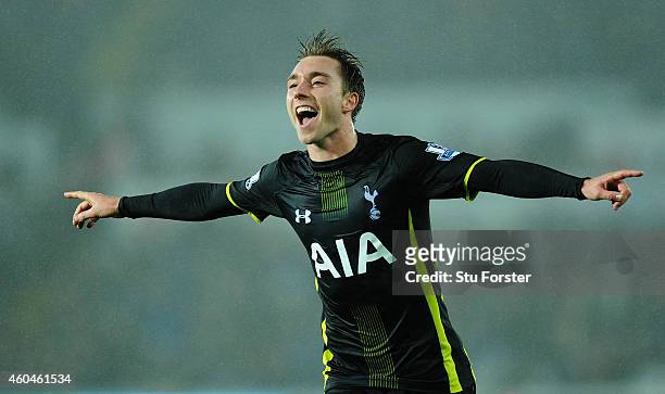Spurs player Christian Eriksen celebrates after scoring the second Spurs goal during the Barclays Premier League match between Swansea City and...