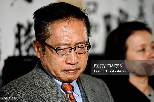 Yoshimi Watanabe, ran as an independent candidate as a party he formed was dismantled before the election, speaks to his supporters as he defeated in...