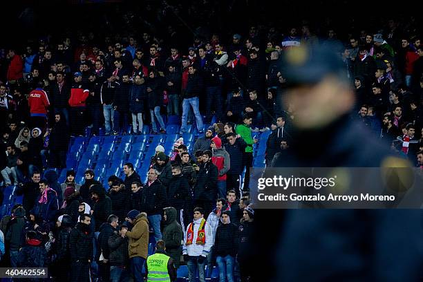 Seats empty where the ultra fan group "Frente Atletcio" used to sit prior to start the La Liga match between Club Atletico de Madrid and Villarreal...