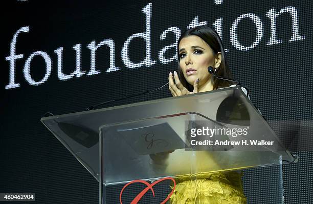 Eva Longoria speaks on stage at the Global Gift Gala during day five of the 11th Annual Dubai International Film Festival held at White Dubai on...