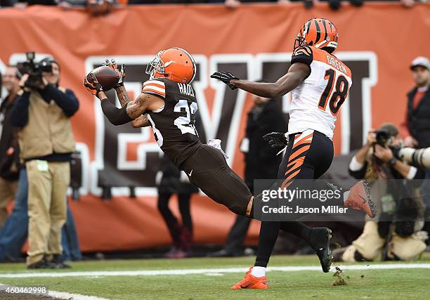 Joe Haden of the Cleveland Browns can't make a catch on a pass intended for A.J. Green of the Cincinnati Bengals during the first quarter at...