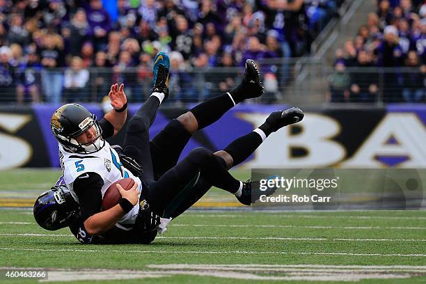 Quarterback Blake Bortles of the Jacksonville Jaguars is sacked by outside linebacker Elvis Dumervil of the Baltimore Ravens in the first quarter at...