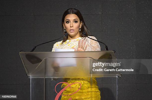 Eva Longoria speaks on stage at the Global Gift Gala during day five of the 11th Annual Dubai International Film Festival held at White Dubai on...