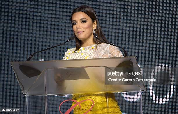 Eva Longoria speaks on stage at the Global Gift Gala during day five of the 11th Annual Dubai International Film Festival held at White Dubai on...