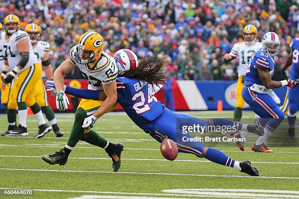 Jordy Nelson of the Green Bay Packers has a reception broken up by Stephon Gilmore of the Buffalo Bills during the first half at Ralph Wilson Stadium...
