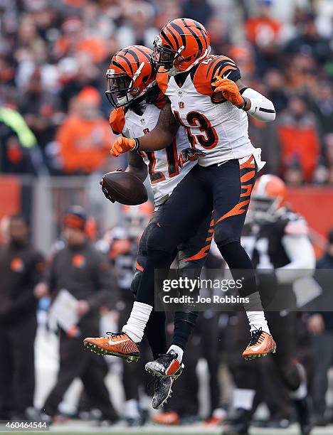 Dre Kirkpatrick celebrates his interception with George Iloka of the Cincinnati Bengals during the second quarter against the Cleveland Browns at...