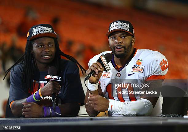 Sammy Watkins and Tajh Boyd of the Clemson Tigers speak to the media after defeating the Ohio State Buckeyes during the Discover Orange Bowl at Sun...