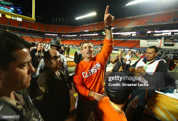 Head coach Dabo Swinney of the Clemson Tigers celebrates after defeating the Ohio State Buckeyes during the Discover Orange Bowl at Sun Life Stadium...