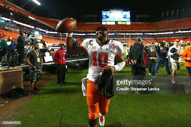Tajh Boyd of the Clemson Tigers celebrates after defeating the Ohio State Buckeyes during the Discover Orange Bowl at Sun Life Stadium on January 3,...