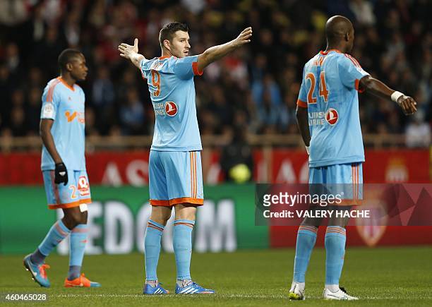 Marseille's French forward Andre-Pierre Gignac gestures during the French L1 football match Monaco vs Marseille on december 14, 2014 at the "Louis II...