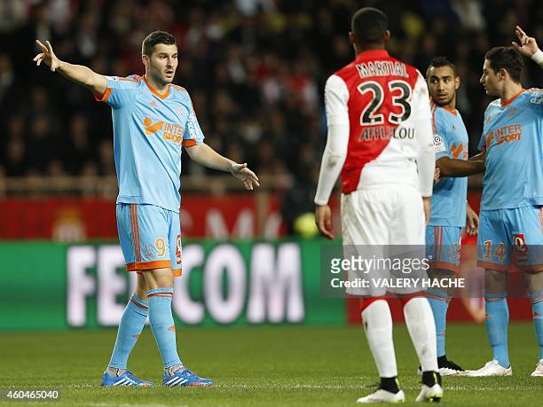 Marseille's French forward Andre-Pierre Gignac gestures during the French L1 football match Monaco vs Marseille on december 14, 2014 at the "Louis II...