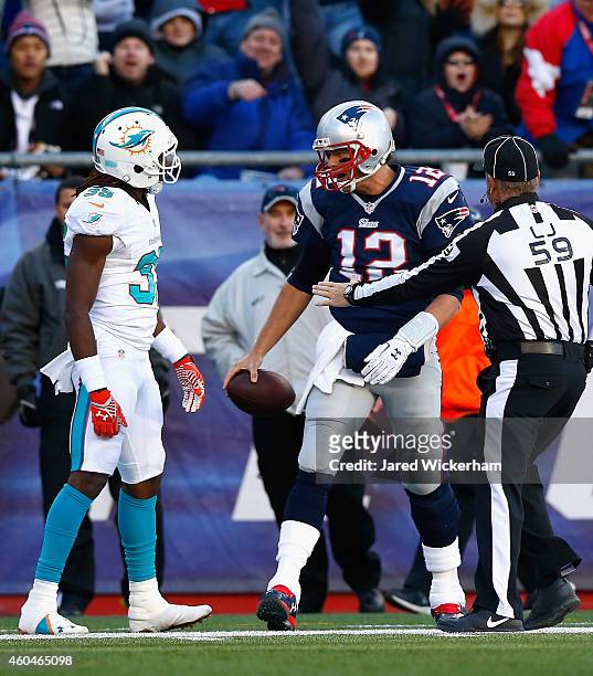 Tom Brady of the New England Patriots reacts with Walt Aikens of the Miami Dolphins during the third quarter at Gillette Stadium on December 14, 2014...