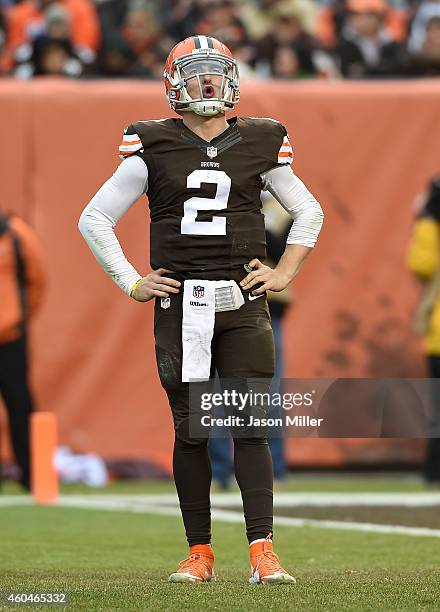 Johnny Manziel of the Cleveland Browns reacts after being sacked during the third quarter against the Cincinnati Bengals at FirstEnergy Stadium on...