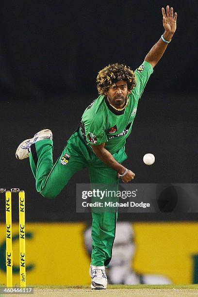 Lasith Malinga of the Stars bowls during the Big Bash League match between the Melbourne Renegades and the Melbourne Stars at Etihad Stadium on...