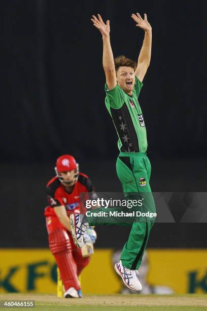 Jos Buttler of the Renegades is dismissed LBW by Jackson Bird of the Stars bowls during the Big Bash League match between the Melbourne Renegades and...