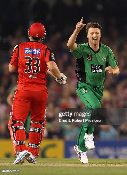 Jackson Bird of the Stars celebrates the wicket of Michael Hill of the Renegades during the Big Bash League match between the Melbourne Renegades and...