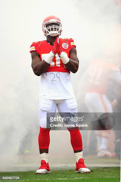 Justin Houston of the Kansas City Chiefs gestures in a tribute to Eric Berry during player introductions before the game against the Oakland Raiders...