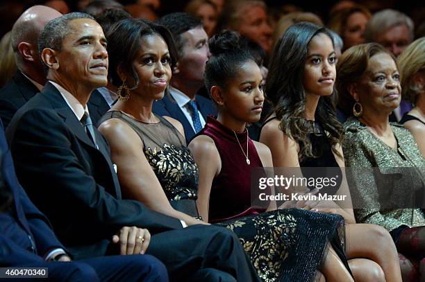 President Barack Obama, First Lady Michelle Obama, Sasha Obama, Malia Obama, and Marian Shields Robinson attend TNT Christmas in Washington 2014 at...