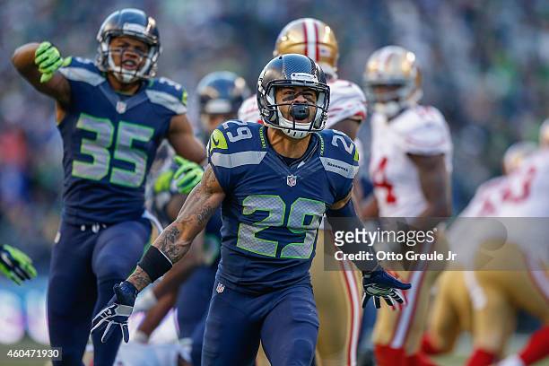 Free safety Earl Thomas of the Seattle Seahawks celebrates a defensive stand in the third quarter against the San Francisco 49ers at CenturyLink...