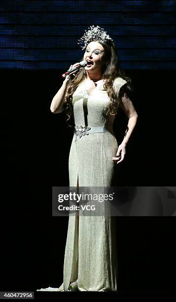 Singer Sarah Brightman performs on the stage during her live on December 14, 2014 in Taipei, Taiwan of China.