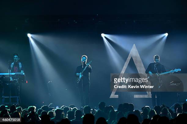 Musicians Gus Unger-Hamilton, Joe Newman, and Cameron Knight of alt-J perform onstage during day two of the 25th annual KROQ Almost Acoustic...