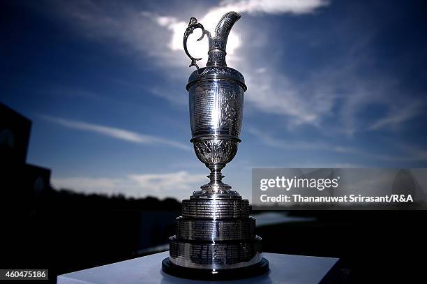 The Claret Jug sits at the 1st tee during round four of the Thailand Golf Championship at Amata Spring Country Club on December 14, 2014 in Chon...
