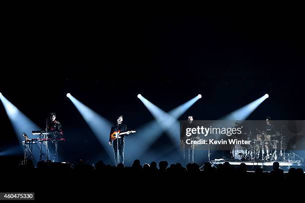 Musicians Gus Unger-Hamilton, Joe Newman, Cameron Knight and Thom Green of alt-J perform onstage during day two of the 25th annual KROQ Almost...