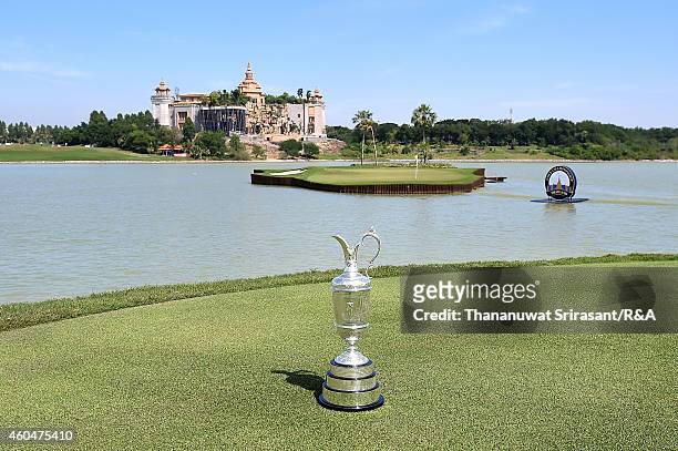 The Claret Jug sits at the 17th hole plays a shot during round four of the Thailand Golf Championship at Amata Spring Country Club on December 14,...